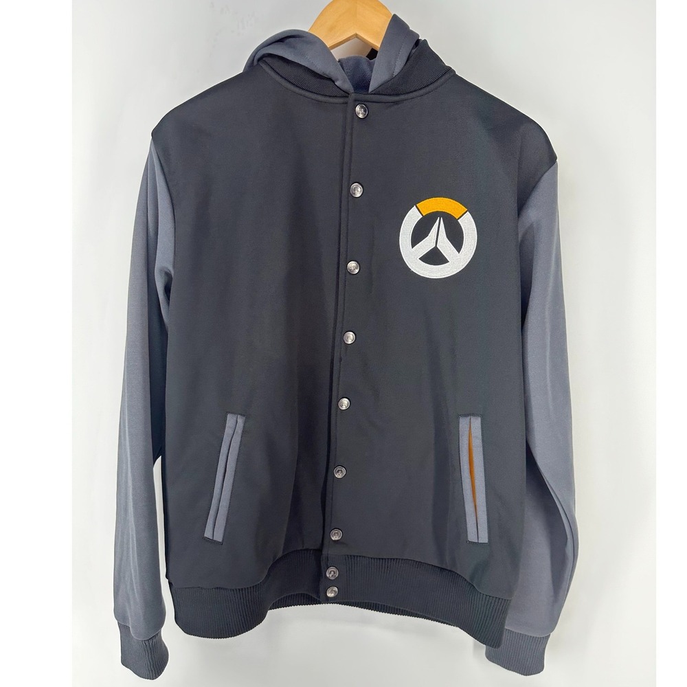 Blizzard Overwatch Varsity Jacket Mens M Black Gray Hooded Snap Button Bomber OW